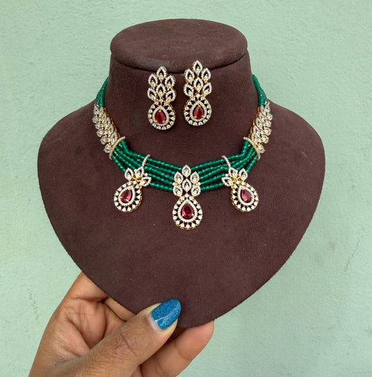 Pearl diamond beaded necklace with earrings