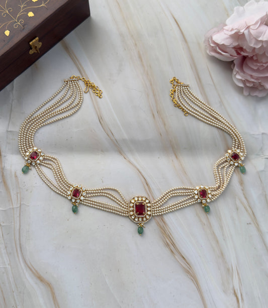 Six layered swaroski Pearl Moissanite Red stone Hipbelt