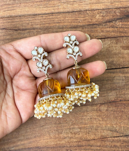 Rosegold flower embossed double layered pearl hanging jhumkas