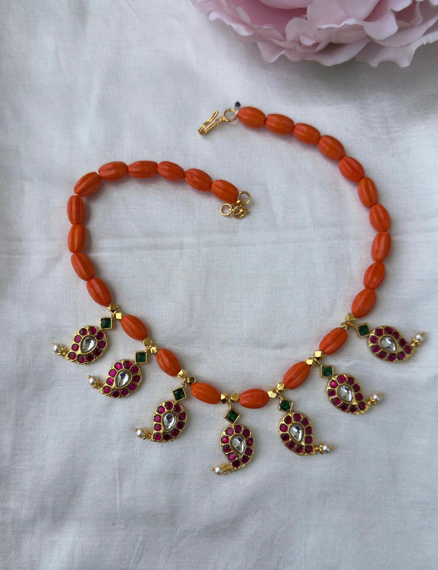 Coral mango real kundan necklace with or without studs