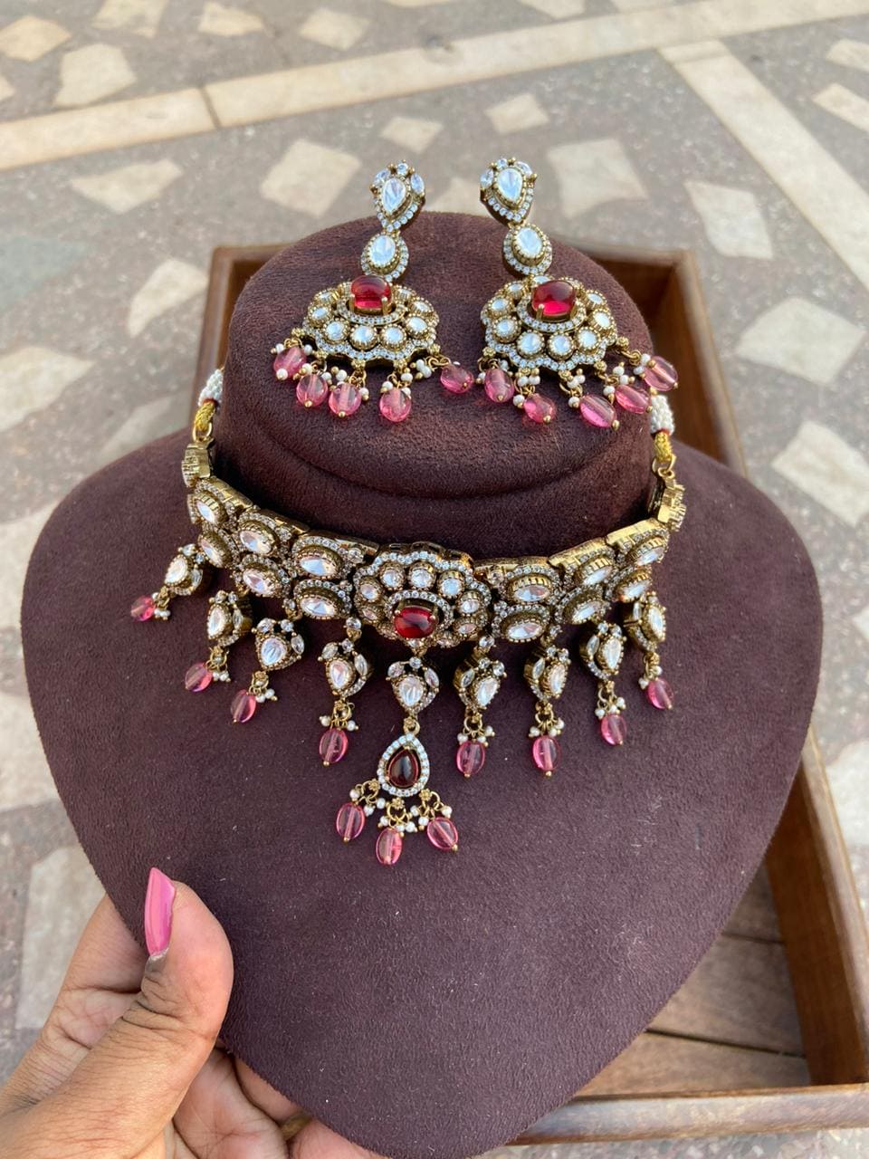 Moissanite stone partywear choker and  earrings design 3