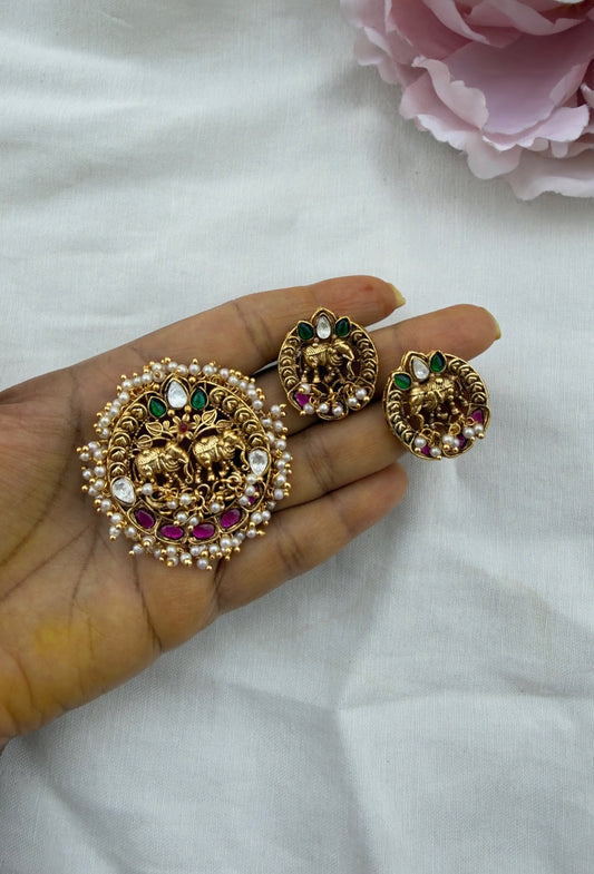 Dual elephant gold look alike real kundan locket combo
