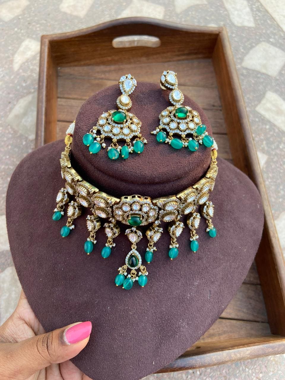 Moissanite stone partywear choker and  earrings design 3