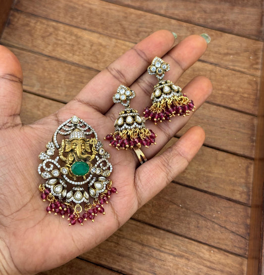Victorian ganesh locket with jhumkas