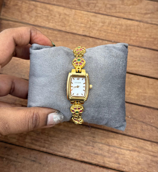 Antique finish real kundan flower watch