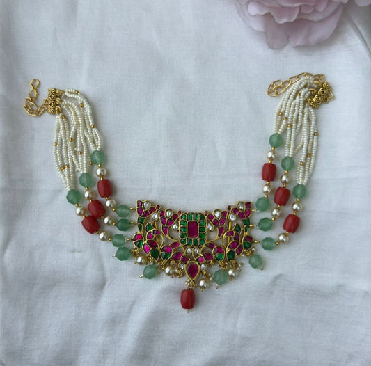 Real kundan coral green beads fusion choker