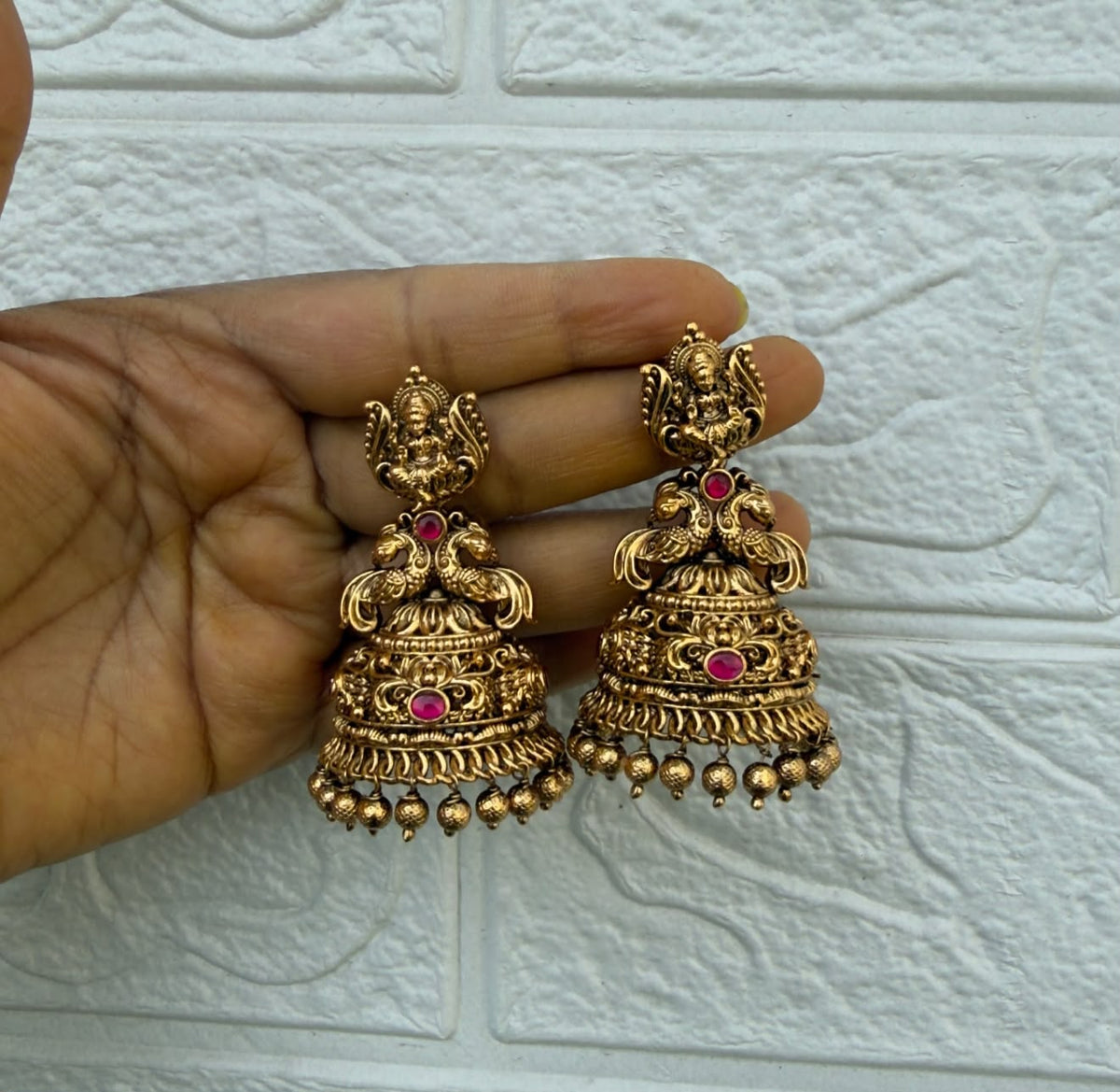 Antique lakshmi dual peacock engraved  jhumkas 5