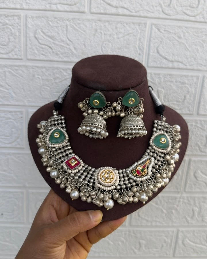 Real kundan silver look alike designer parrot necklace with jhumkas