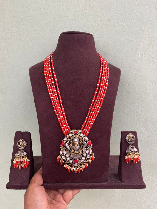 Five layered coral beaded lakshmi peacock long mala necklace with jhumkas - Alluring Accessories