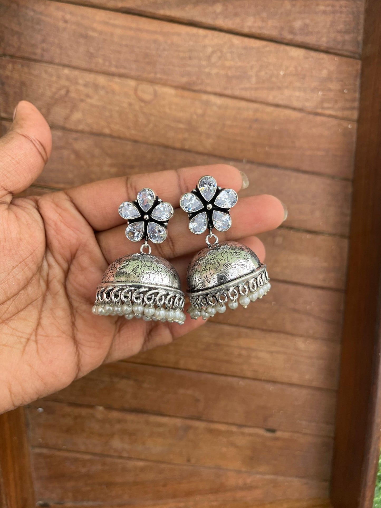 Flower oxidised jhumkas - Alluring Accessories