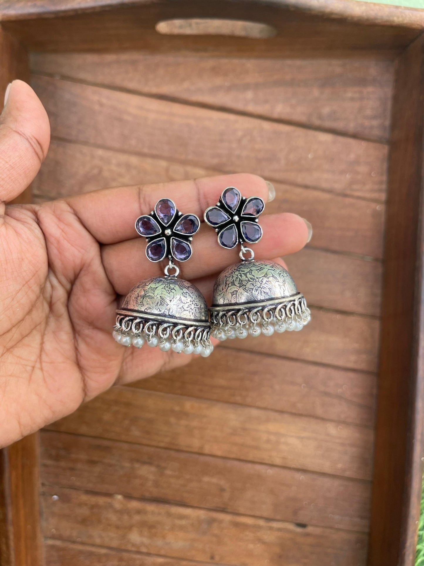 Flower oxidised jhumkas - Alluring Accessories