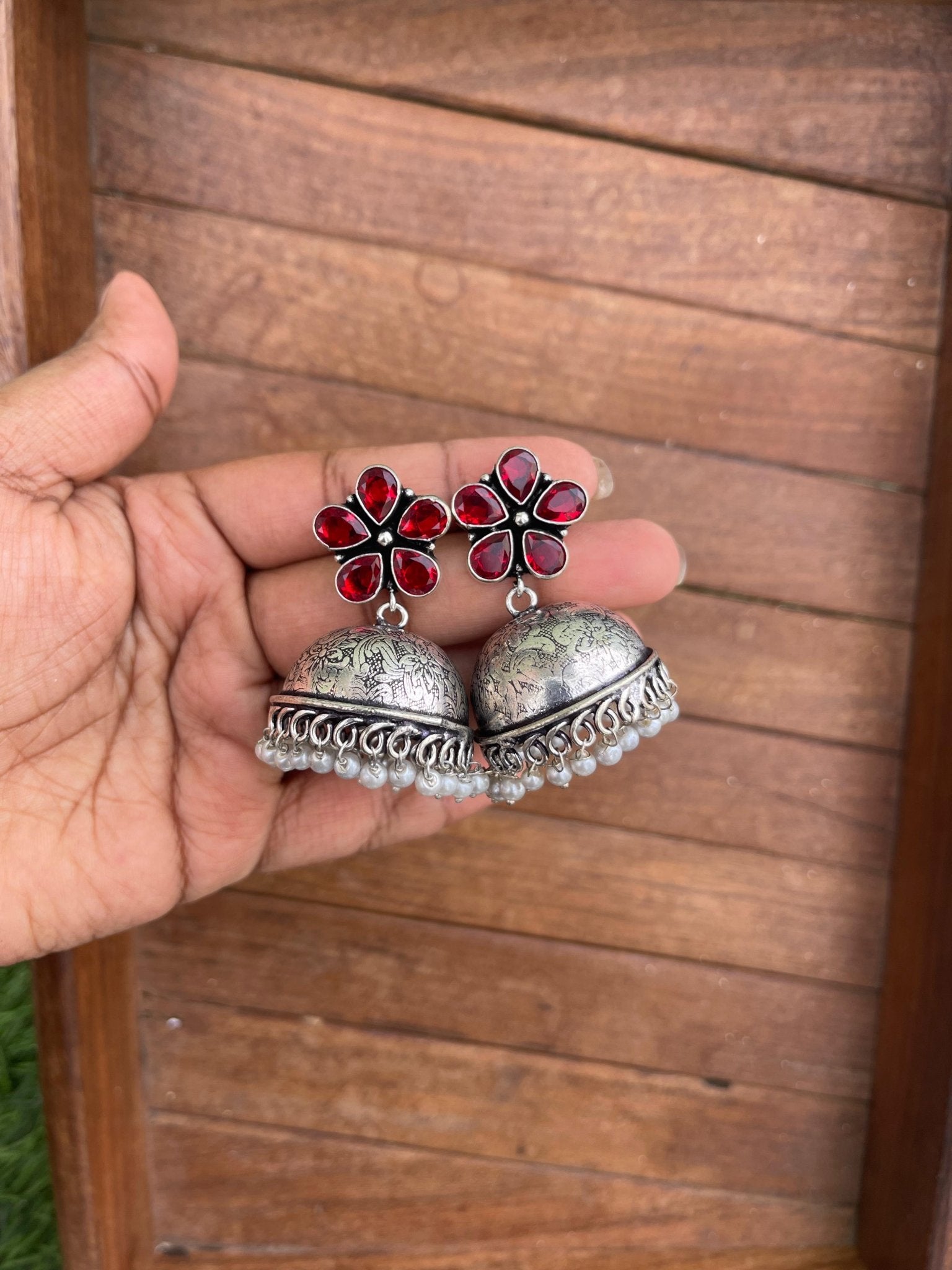 Flower oxidised jhumkas - Alluring Accessories