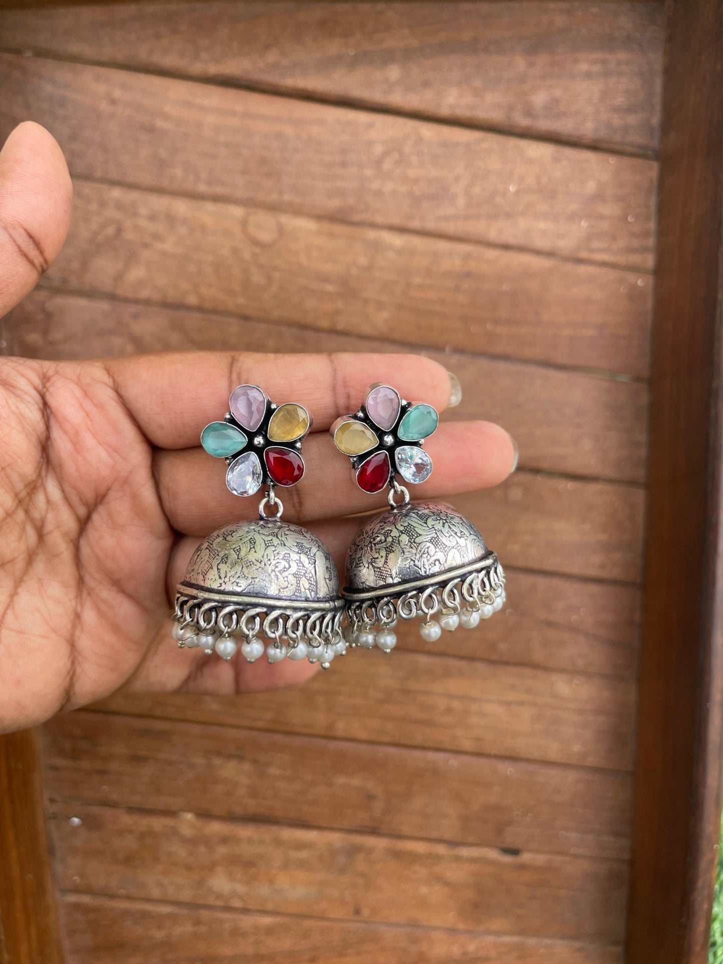 Flower oxidised jhumkas - Alluring Accessories