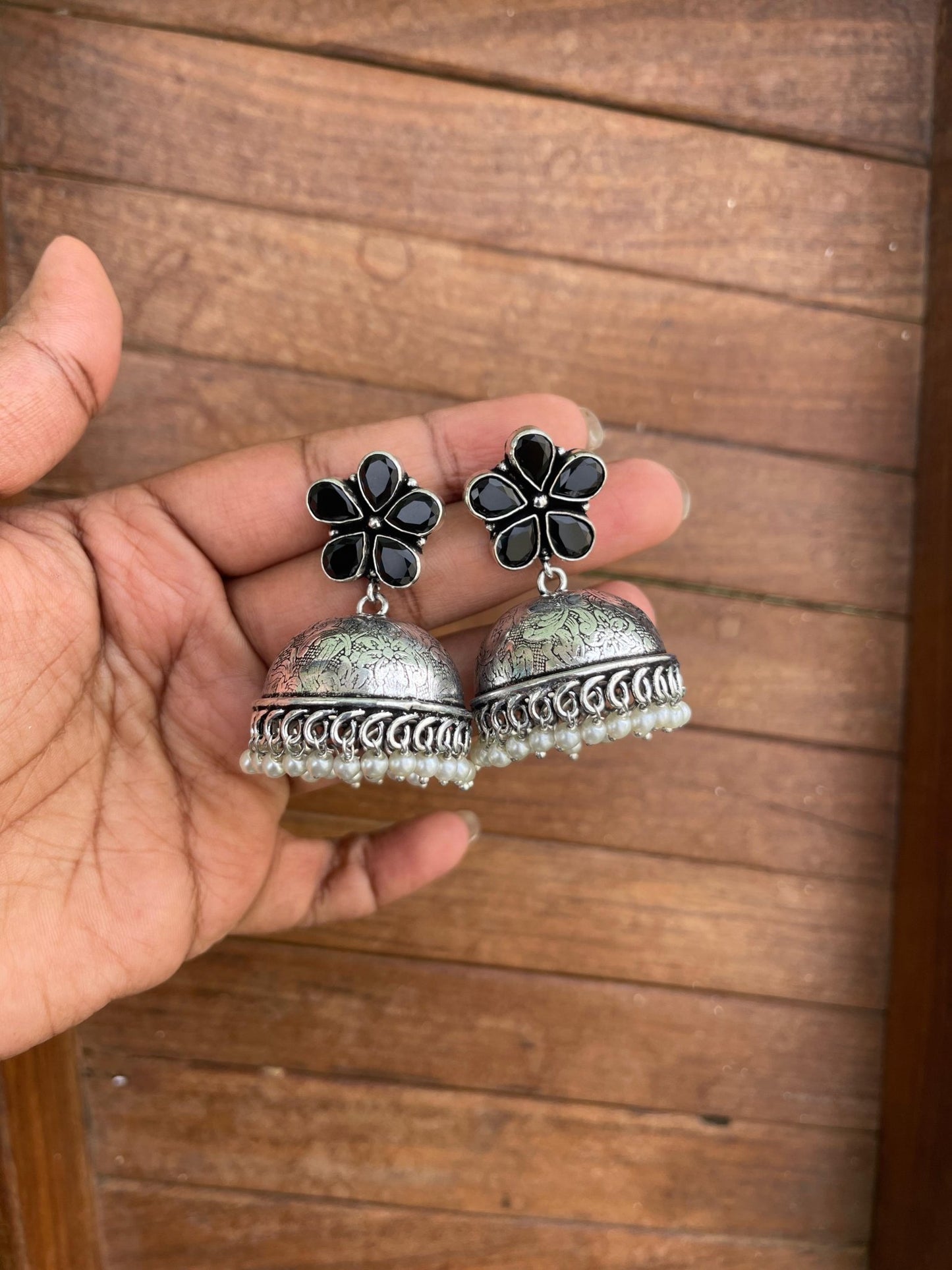 Flower oxidised jhumkas - Alluring Accessories