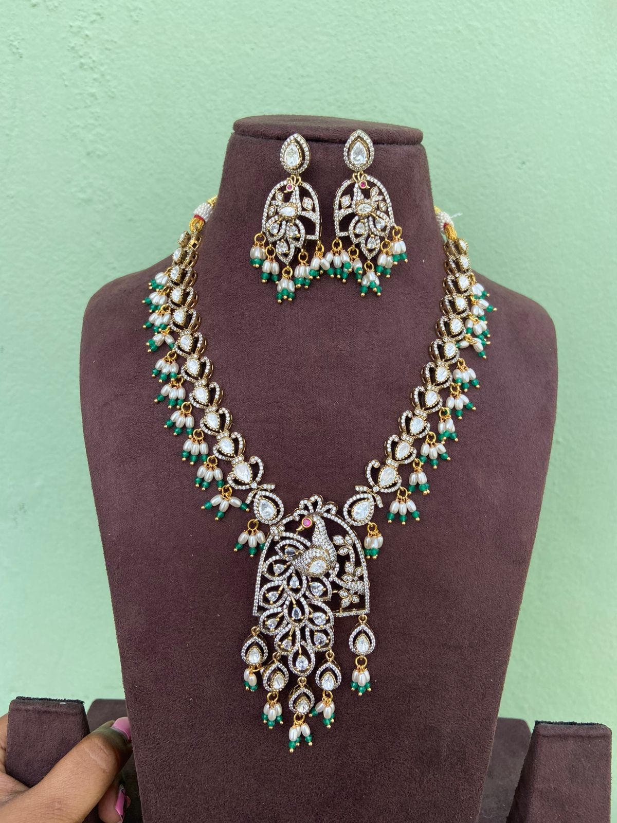 Full of moissanite stone victorian designer peacock rice pearl necklace - Alluring Accessories