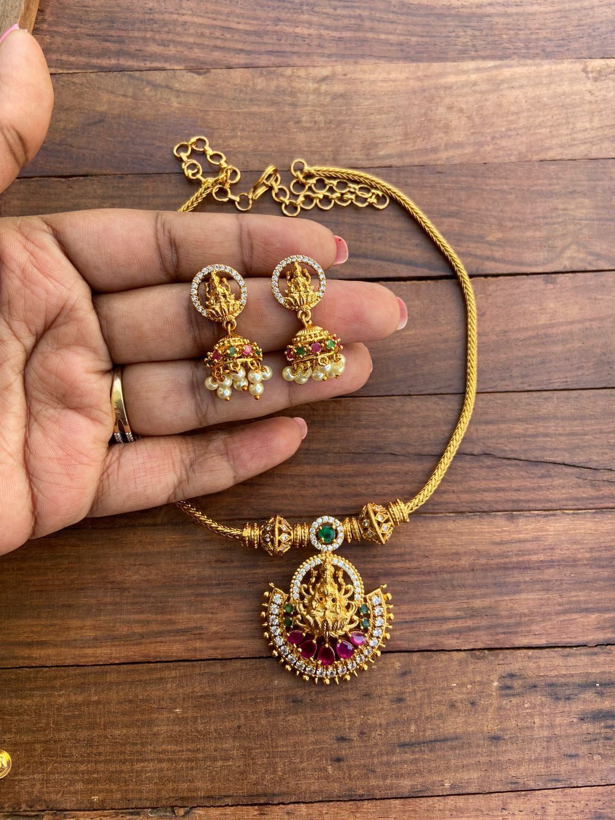 Lakshmi devi kante necklace with small jhumkas - Alluring Accessories