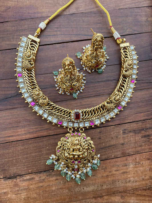 Lakshmi devi peacock embossed jalebi kundan necklace with jhumkas - Alluring Accessories