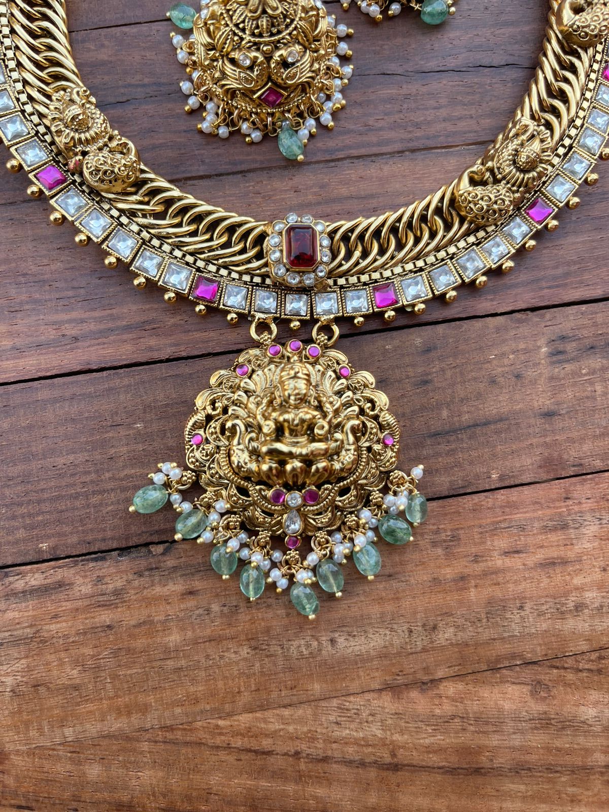 Lakshmi devi peacock embossed jalebi kundan necklace with jhumkas - Alluring Accessories