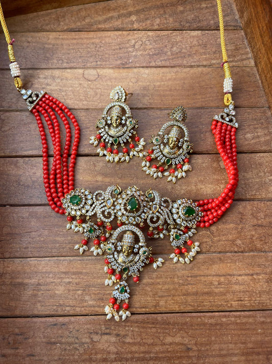 Lord balaji coral dual peacock choker with earrings - Alluring Accessories