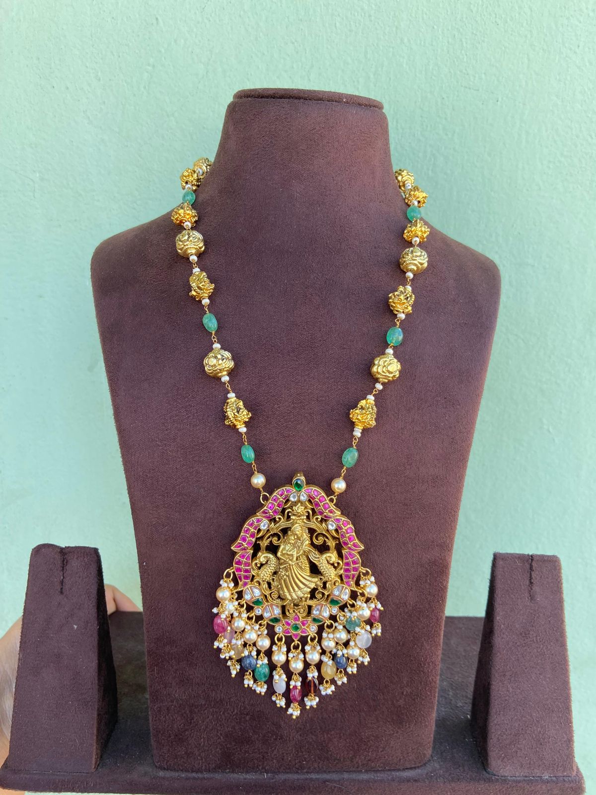 Lord Radha Krishna peacock real Kundan pastel coloured beads mala - Alluring Accessories