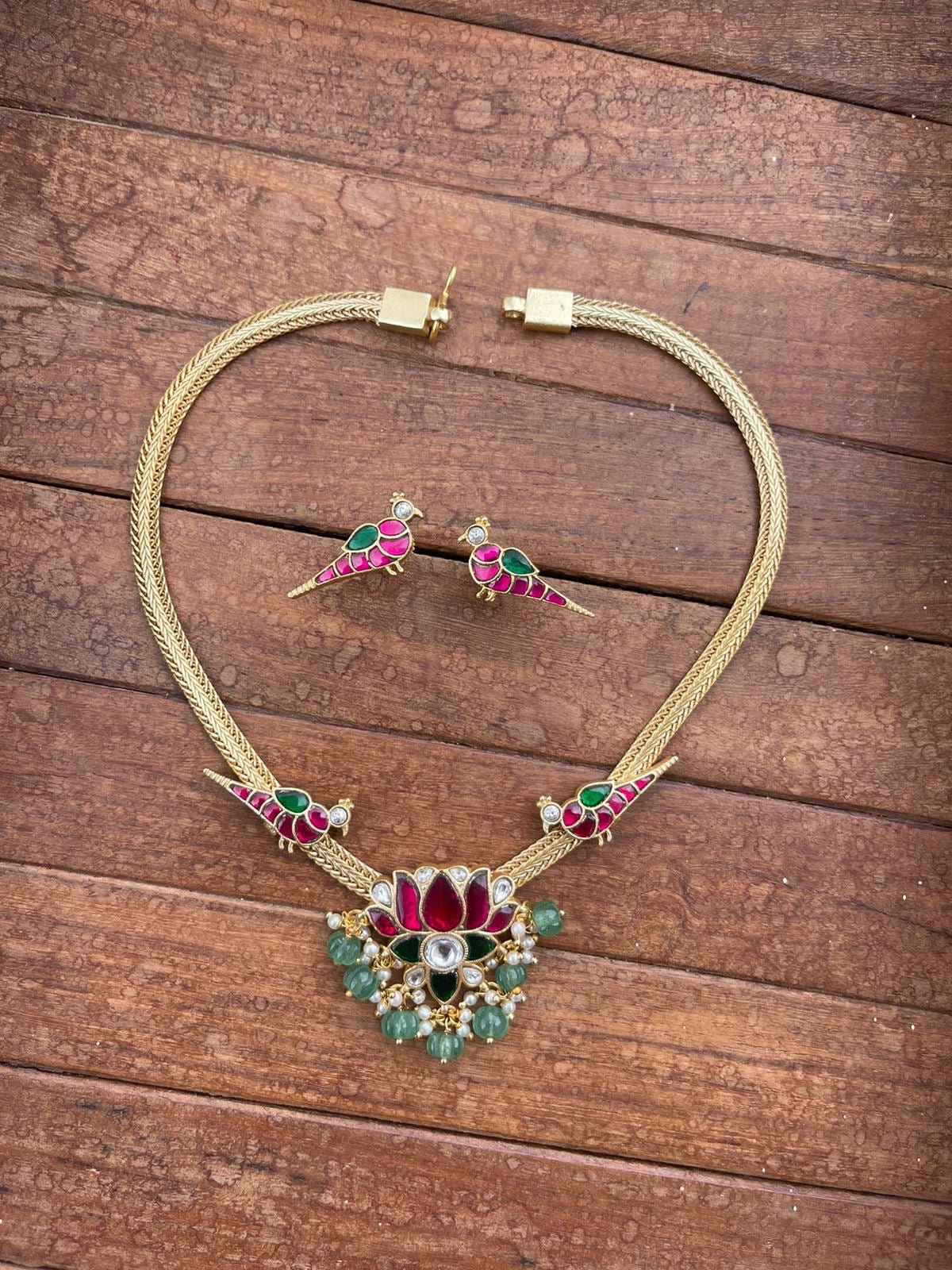 Lotus with dual parrot Real kundan necklace with matching earrings - Alluring Accessories