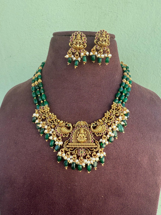 Medium size emerald beads lakshmi devi necklace - Alluring Accessories