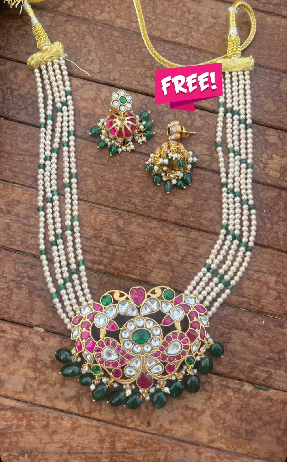 medium size real kundan jadau necklace with free jhumkas - Alluring Accessories