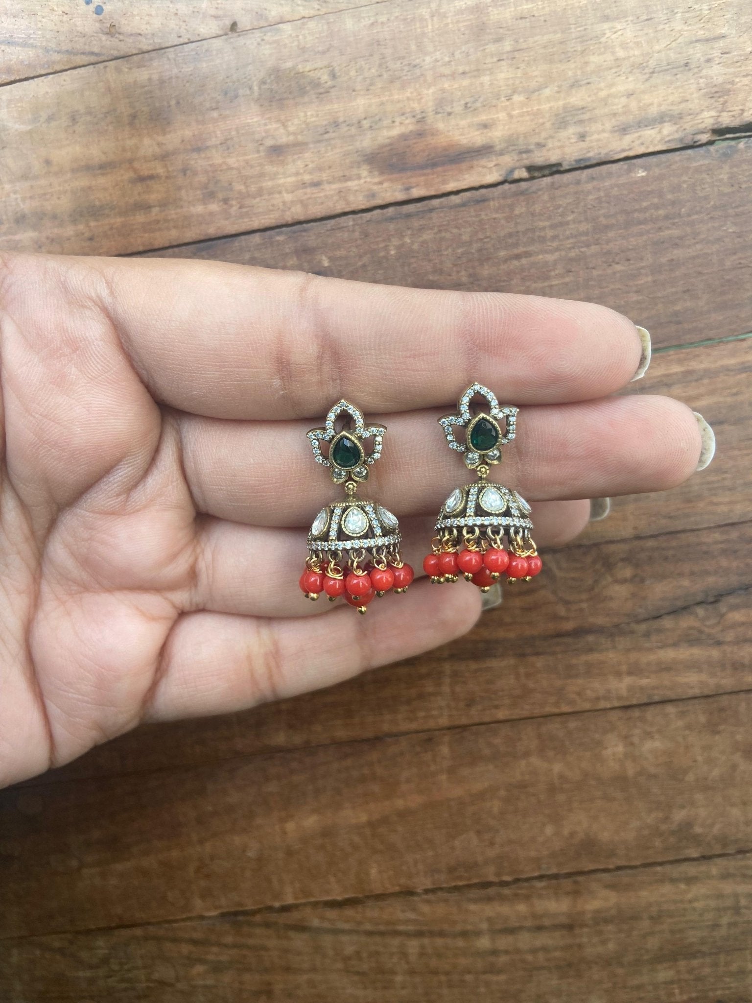 Medium size Victorian coral jhumkas - Alluring Accessories