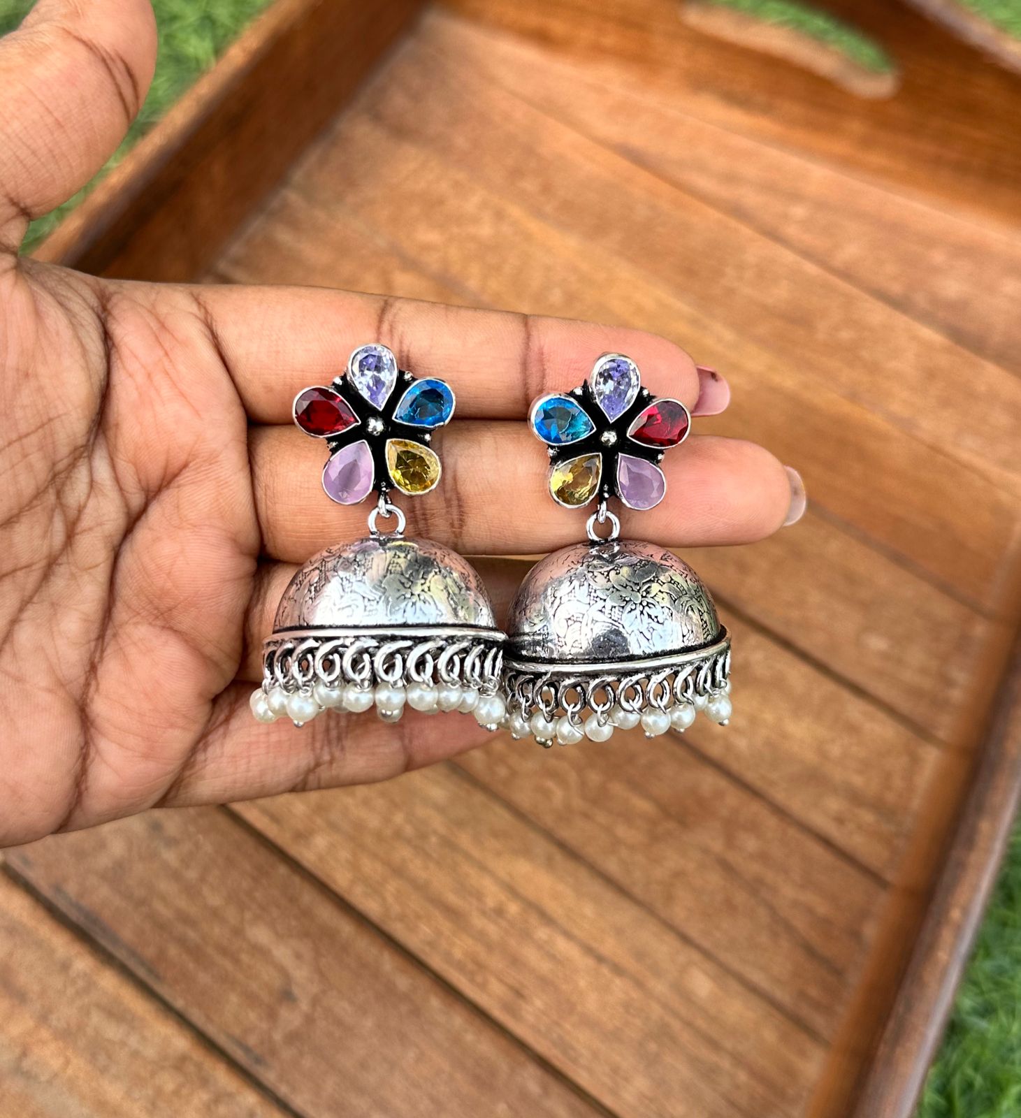 Multi coloured AD STONE oxidised jhumkas - Alluring Accessories