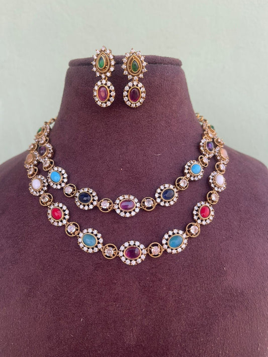 Multi coloured navaratan two layered necklace - Alluring Accessories