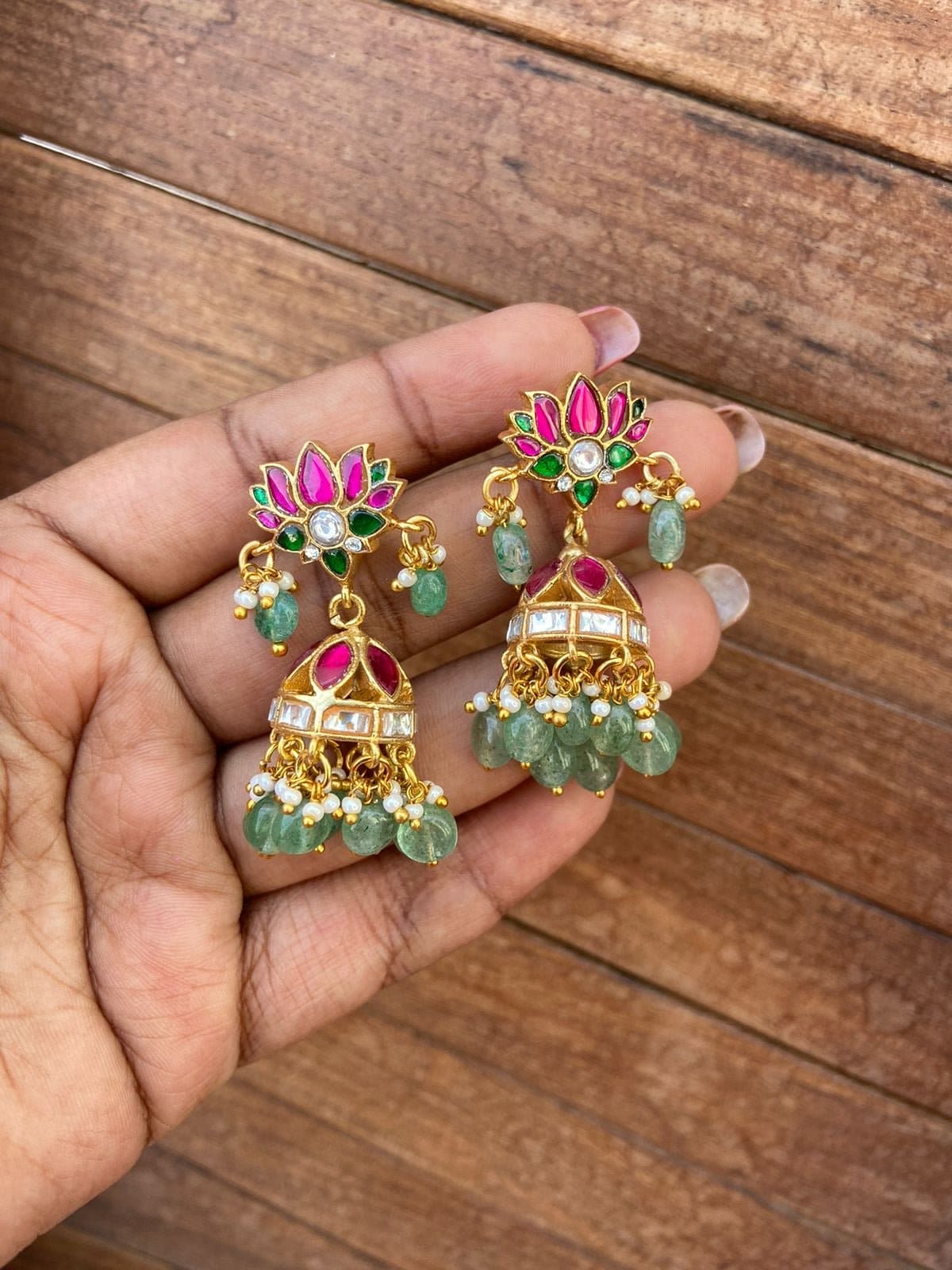 Multi Lotus real Kundan jhumkas - Alluring Accessories