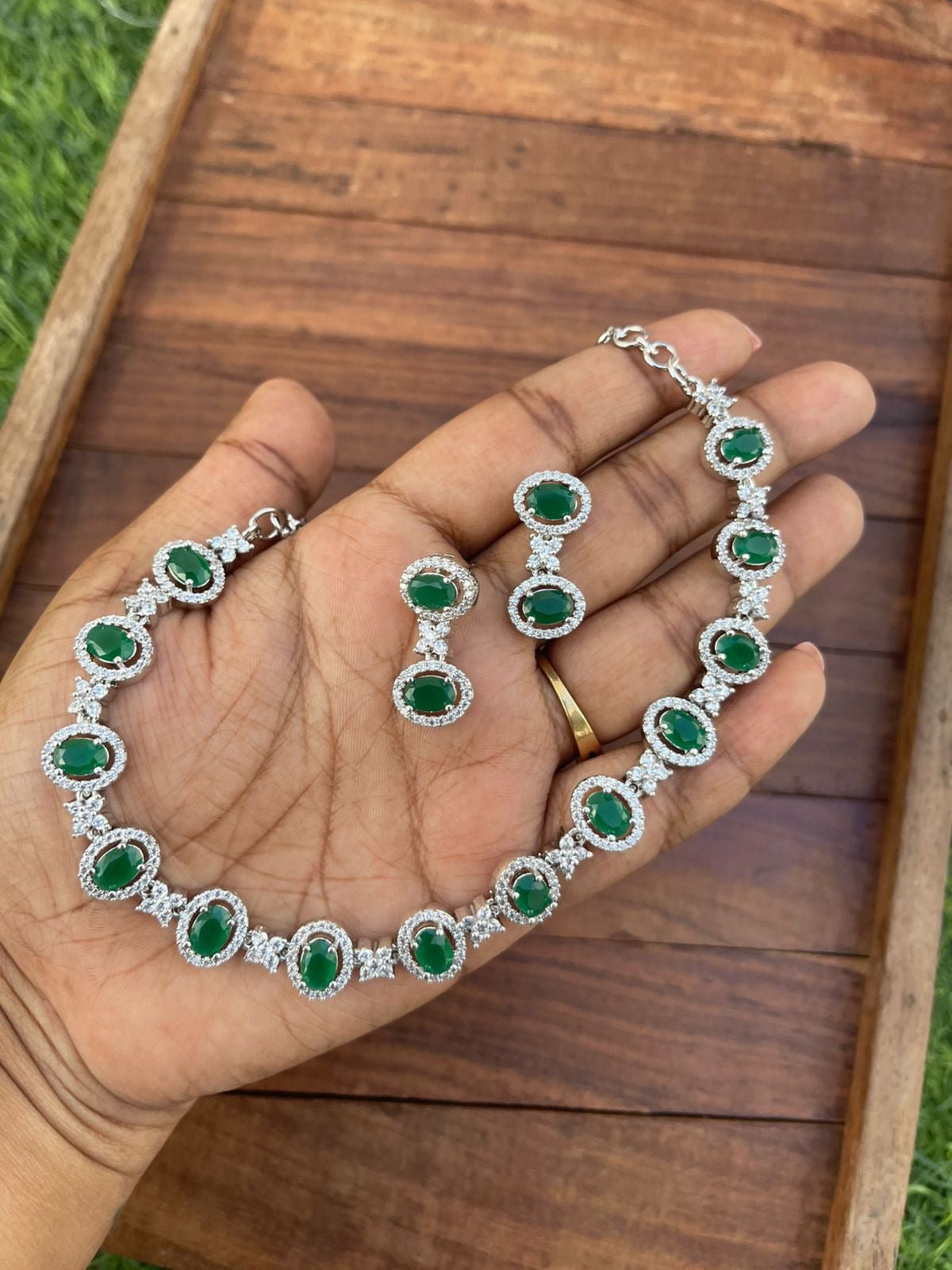 Oval stone green diamond finish necklace - Alluring Accessories