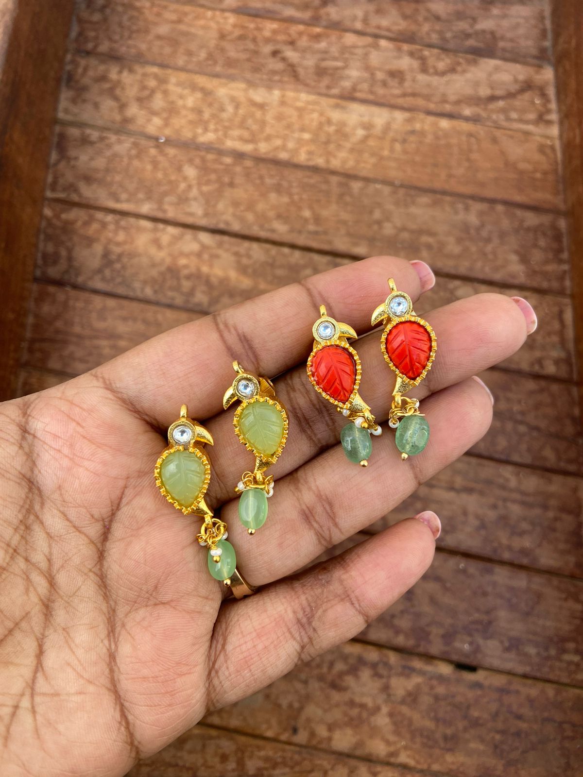 Parrot engraved kundan drop earrings - Alluring Accessories