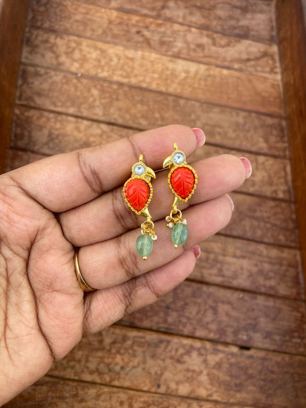 Parrot engraved kundan drop earrings - Alluring Accessories