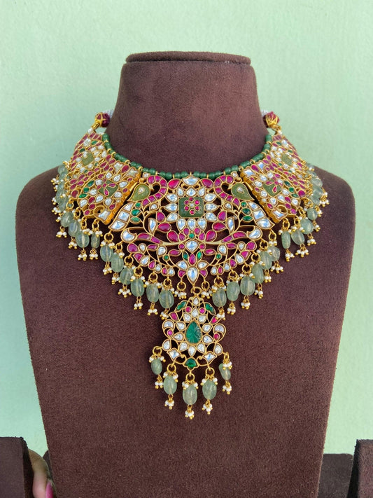 Peacock engraved heavy real kundan jadau necklace - Alluring Accessories