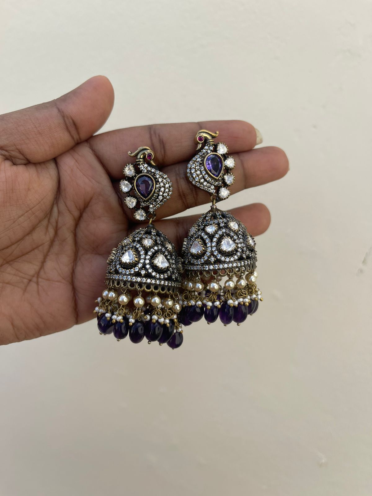 Peacock moissanite pearl hanging jhumkas - Alluring Accessories