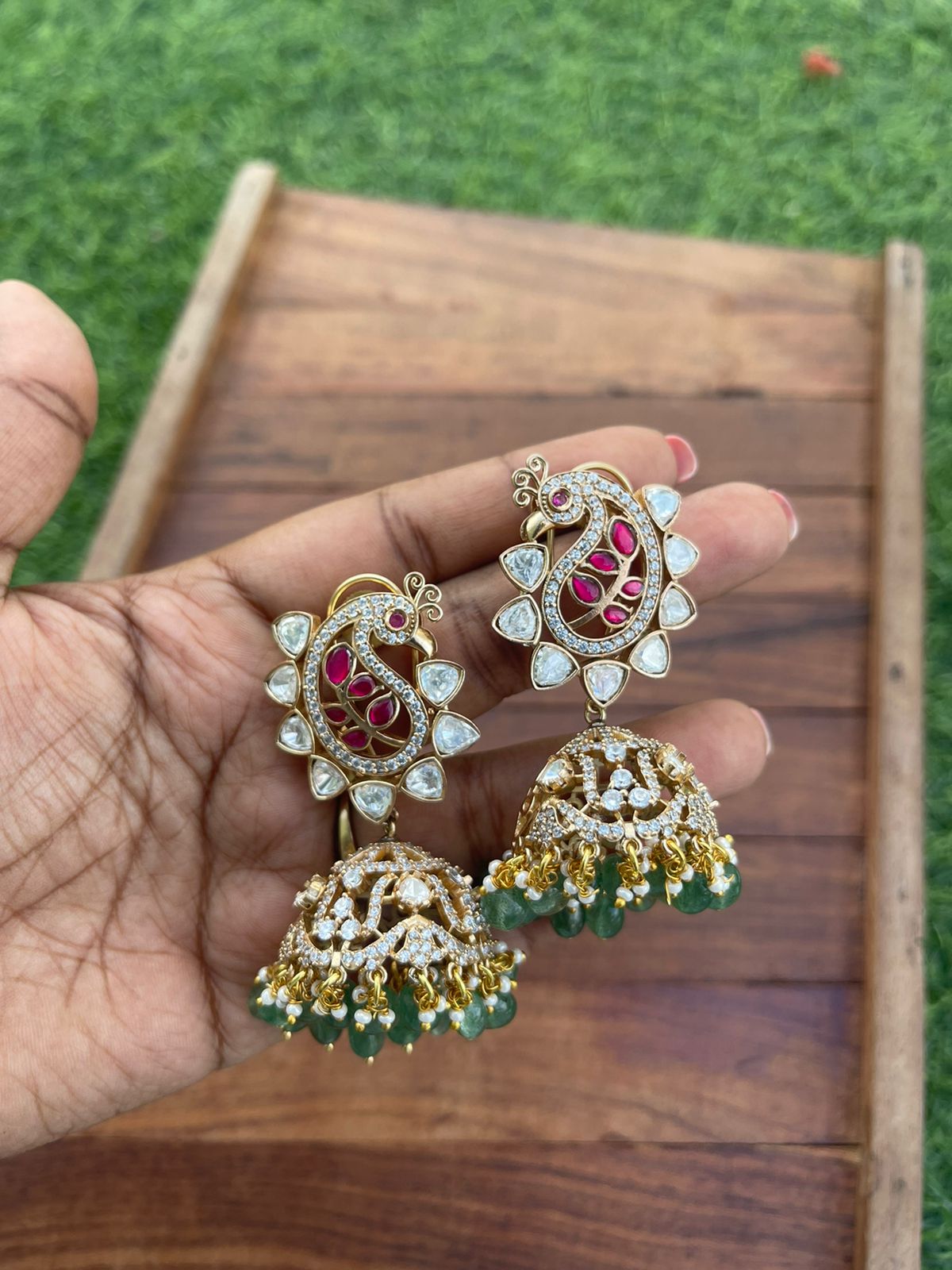 Peacock multi coloured real kundan mango moissanite jhumkas - Alluring Accessories