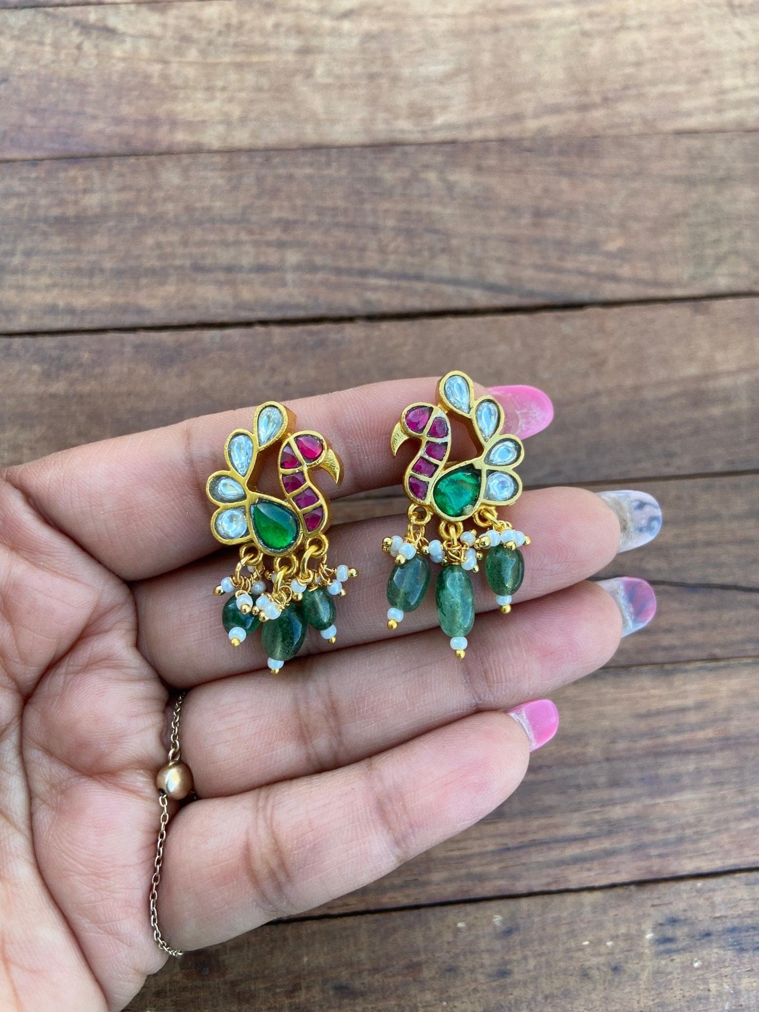 Peacock real kundan stud with russian bead hangings - Alluring Accessories