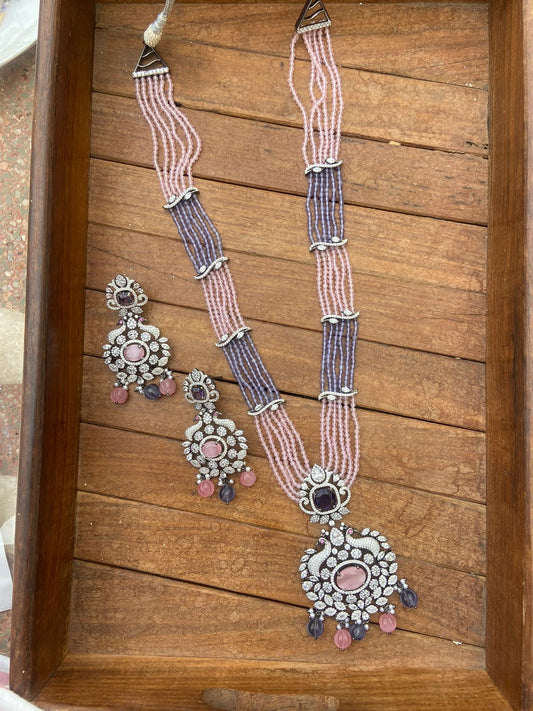 Pink pastel long mala victorian with earrings - Alluring Accessories