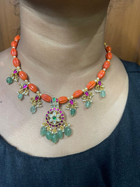 Pumpkin pacchalu(coral) beaded real kundan necklace - Alluring Accessories