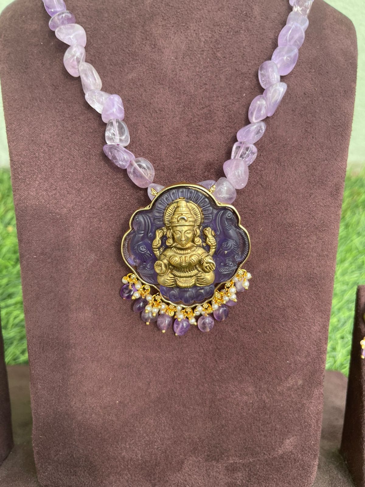 Purple Lakshmi engraved locket with earrings and mala - Alluring Accessories