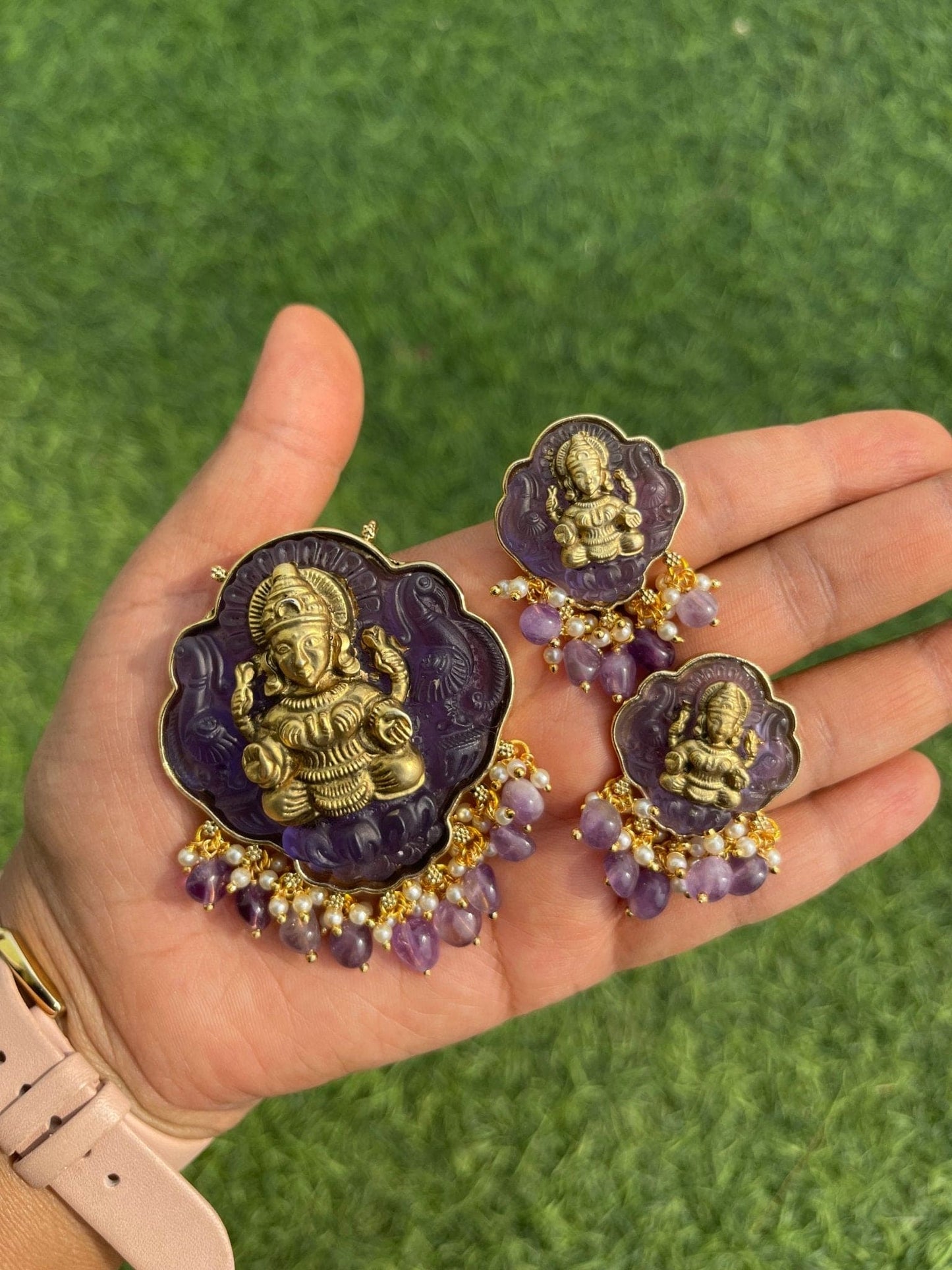 Purple Lakshmi engraved locket with earrings and mala - Alluring Accessories