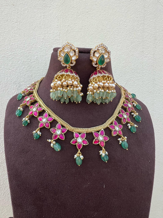 Real kundan flower necklace with multi real kundan jhumkas - Alluring Accessories