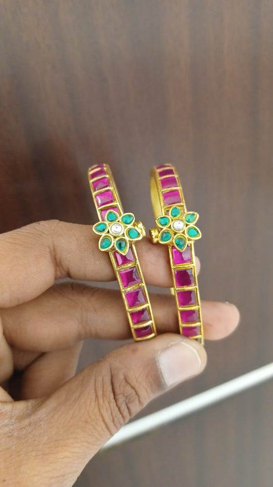 Real kundan flower sleek screw bangles - Alluring Accessories