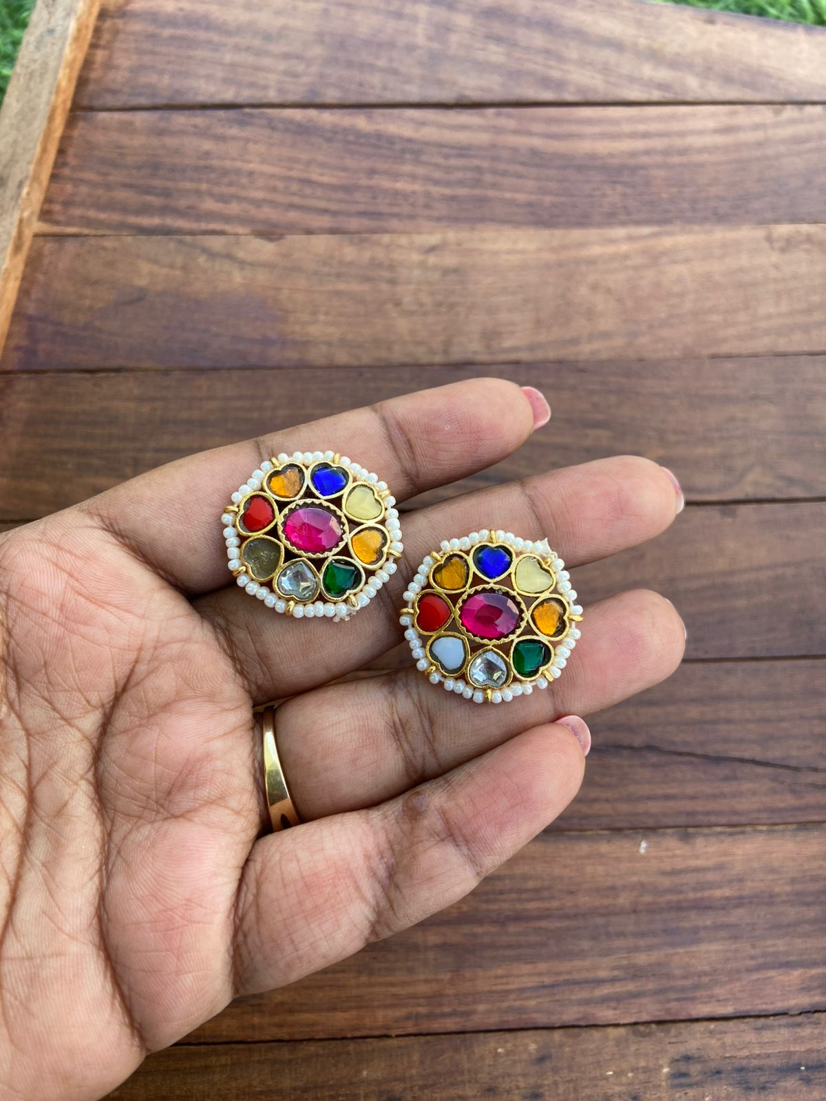 Real kundan heart flower studs 3 - Alluring Accessories