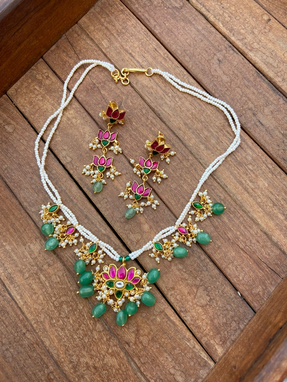 Real kundan lotus necklace combo - Alluring Accessories