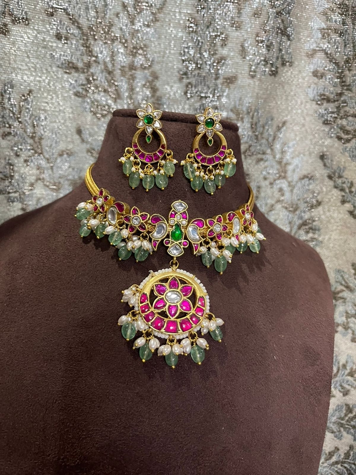 Real Kundan parrot necklace with earrings - Alluring Accessories