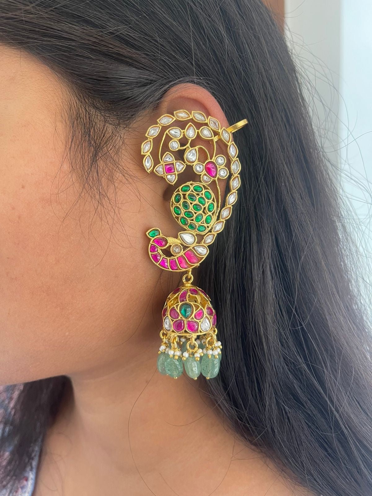 Real Kundan peacock earcuff jhumkas 3 - Alluring Accessories