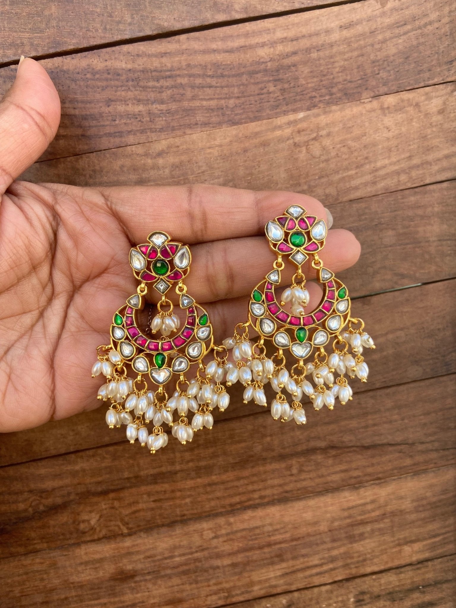 Real Kundan rice pearl chandbali earrings design3 - Alluring Accessories