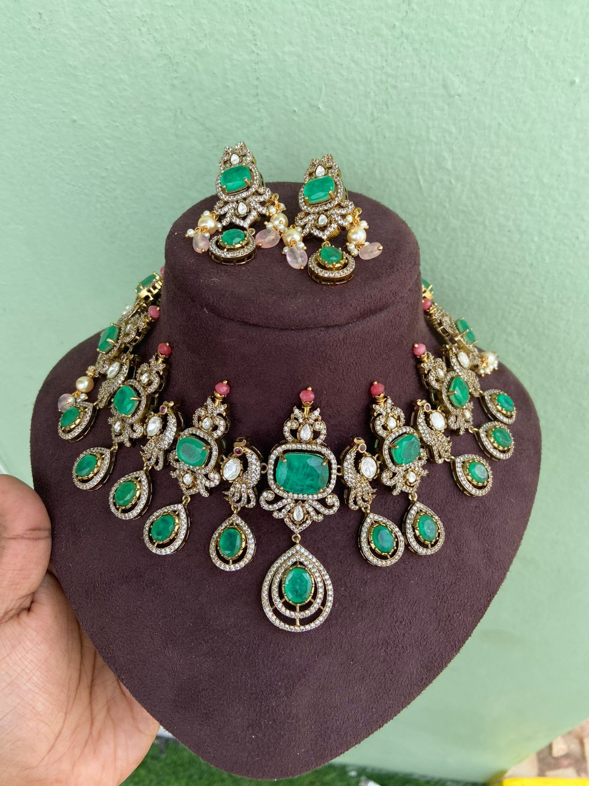 Russian kundan heavy pastel choker with earrings - Alluring Accessories